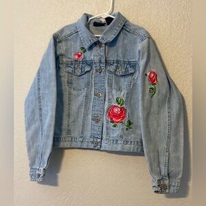 Girls Route 66 Light Blue Jean Jacket with Red Floral Embroidery (size 10/12)